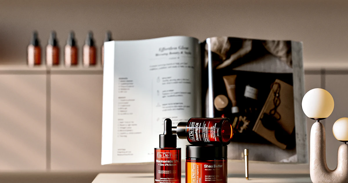 Produtos de skincare organizados na ordem de aplicação ao lado de um livro aberto.