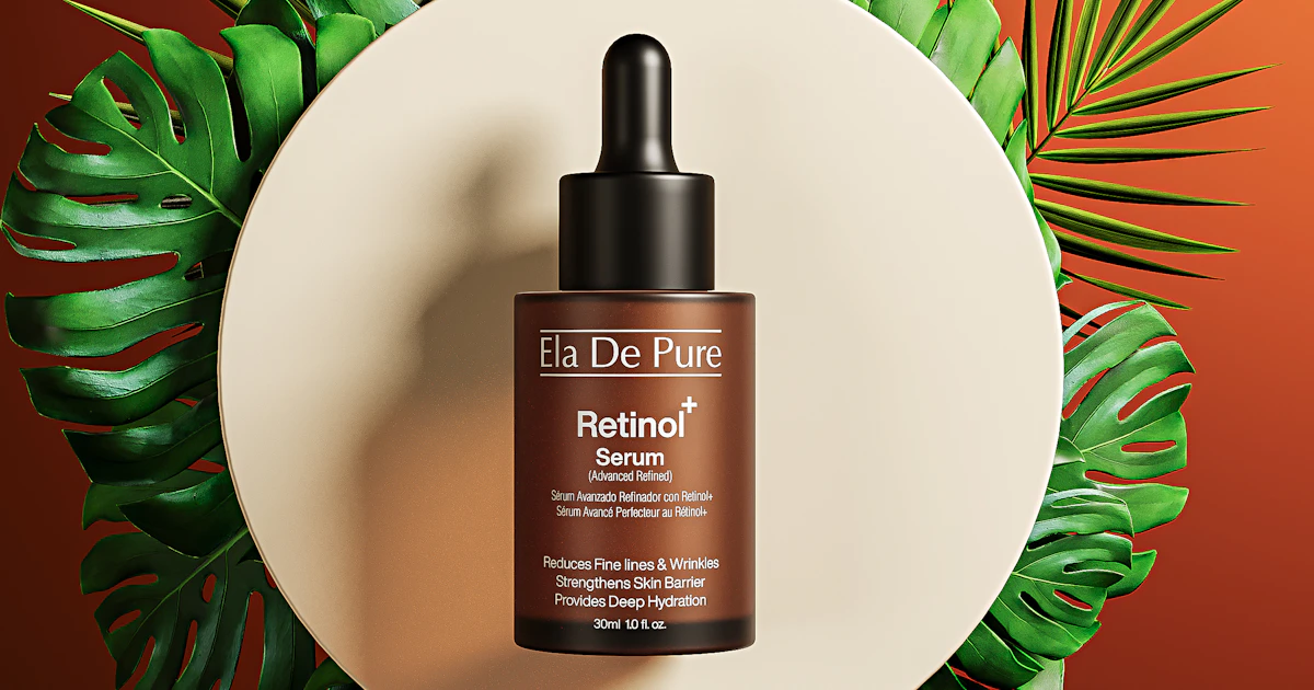 Sérum com retinol para começar o uso de retinoides gradualmente, em frasco âmbar cercado por folhas.