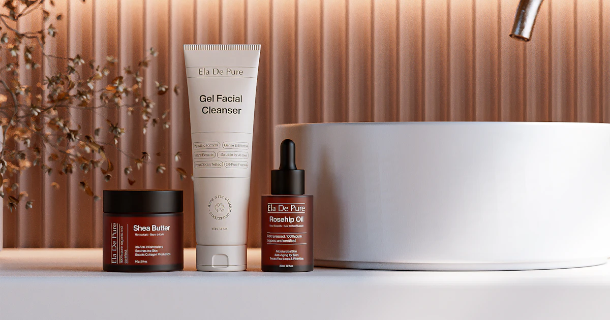 Rotina de skincare para iniciantes com produtos de limpeza, hidratação e proteção solar sobre uma bancada.