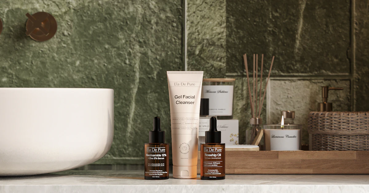 Rotina minimalista para pele sensível com poucos produtos de skincare em uma bancada verde.